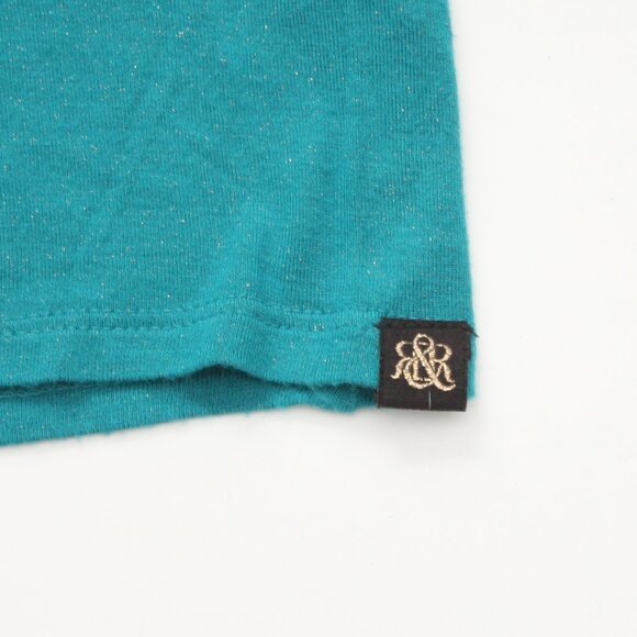 Rock & Republic Distressed V Neck Blouse Medium Green Short Sleeve Shimmer Bits - Picture 5 of 5